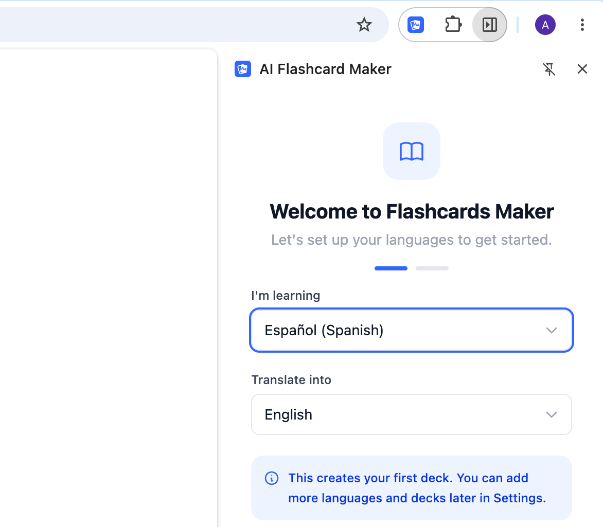 Chrome with the pinned AI Flashcard Maker icon clicked and the side panel open on the language setup screen