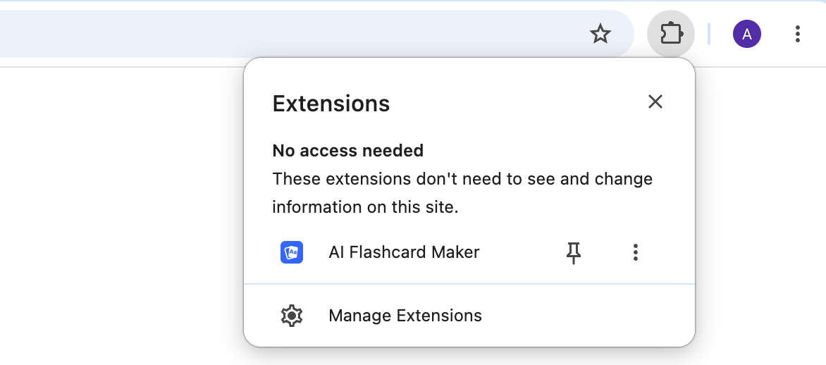 Chrome toolbar with the Extensions menu open, showing the pin next to AI Flashcard Maker